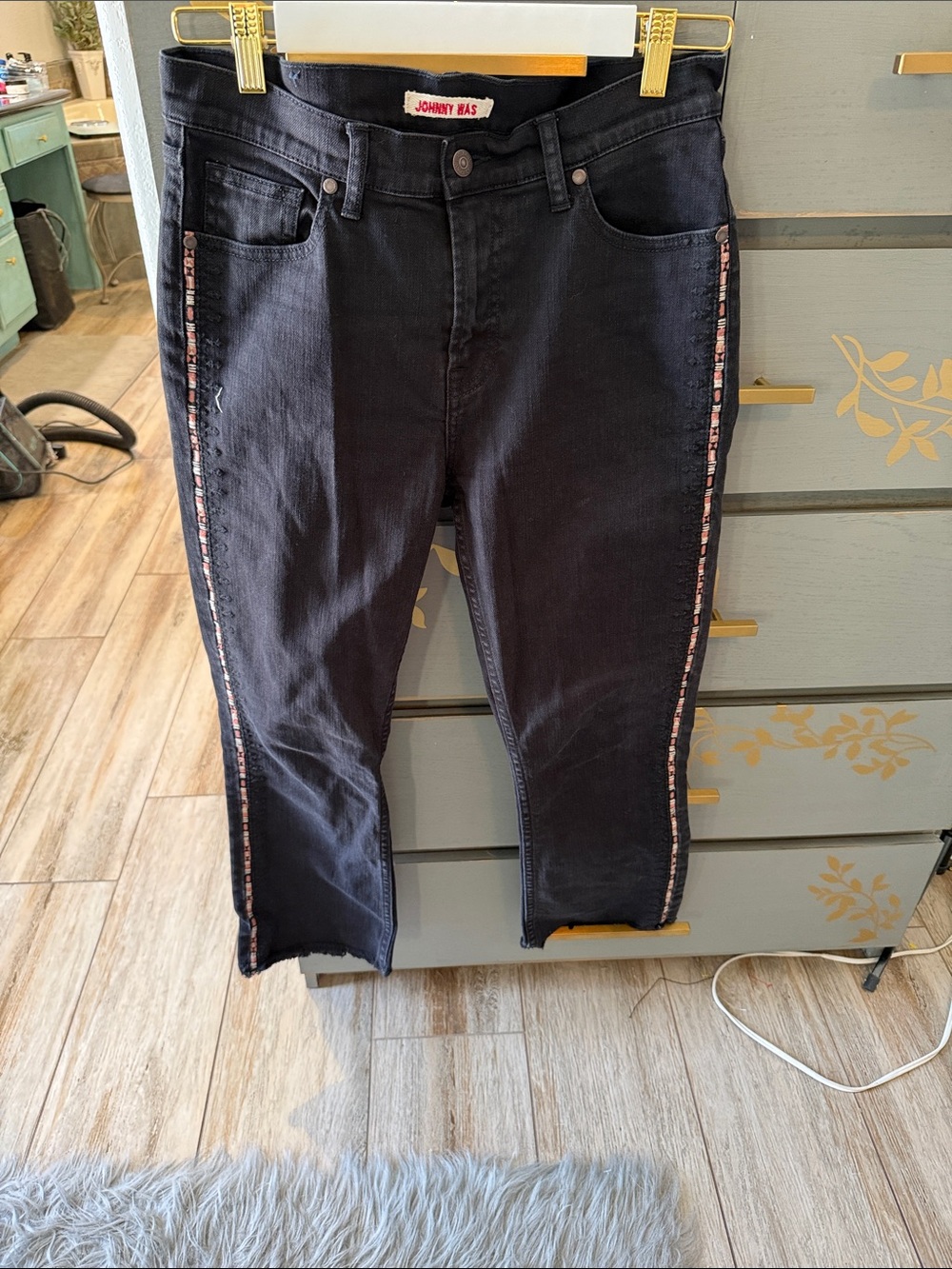 Johnny Was Black Cropped Jeans with Pink Embroidered Side Trim
